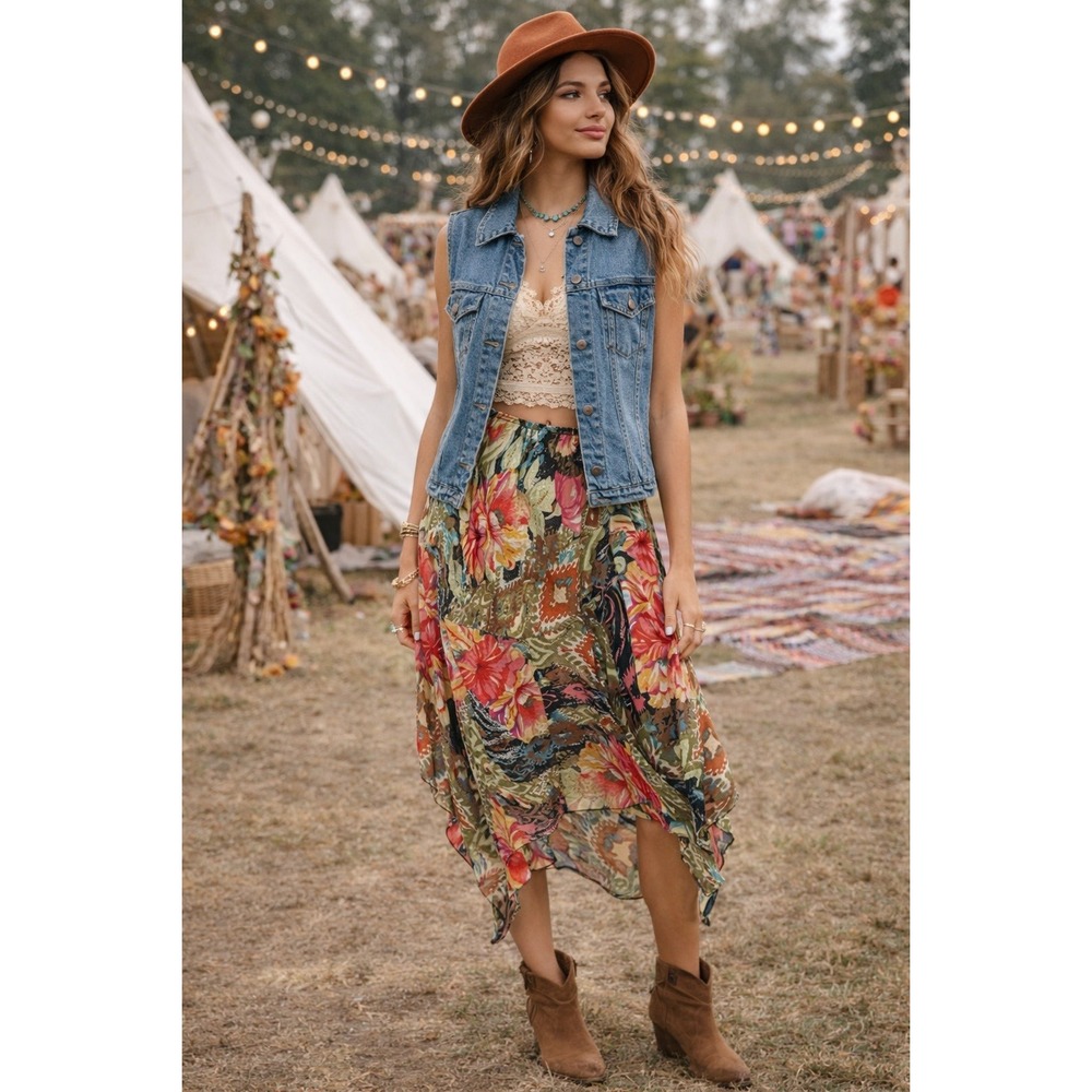 Kola P Boho‎ Handkerchief Skirt Womens L Floral Patchwork Festival Midi Flowy